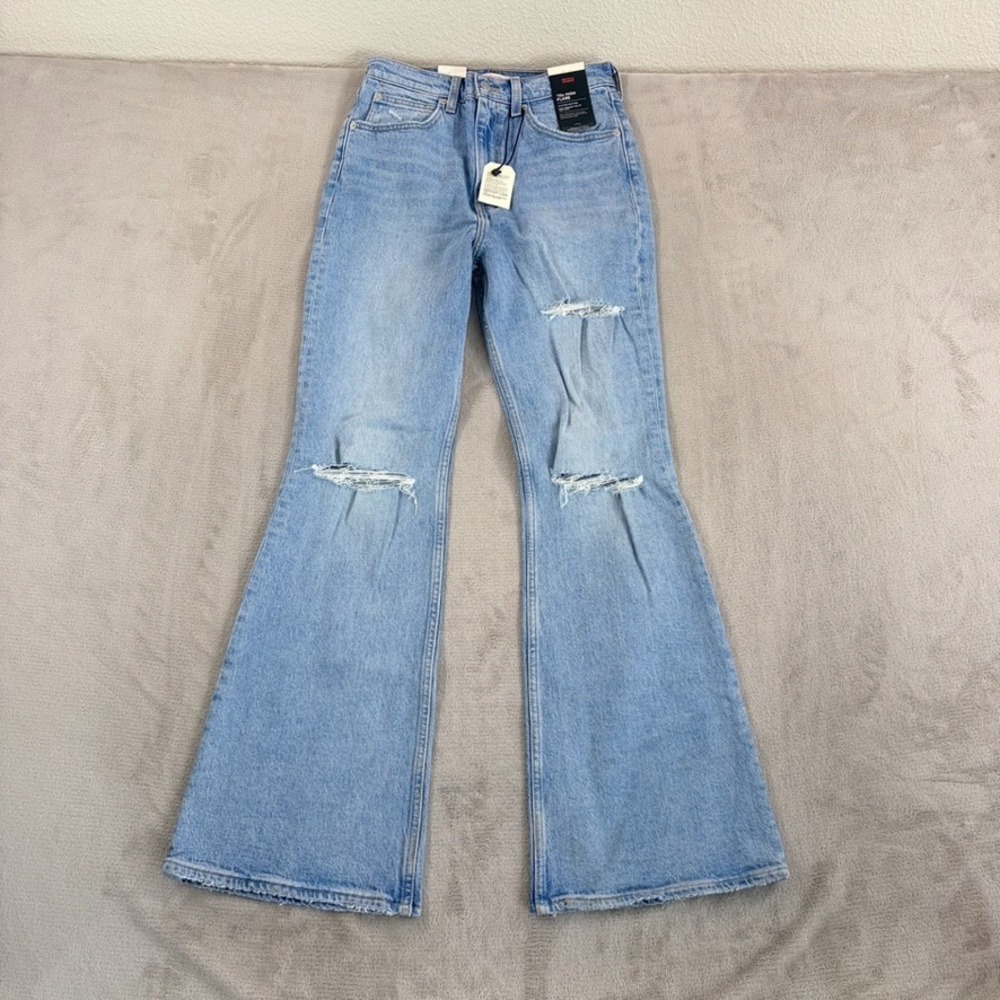 LEVIS Premium 70s High Flare Distressed Big E Jeans in Blue Wash Women 27x32 NWT